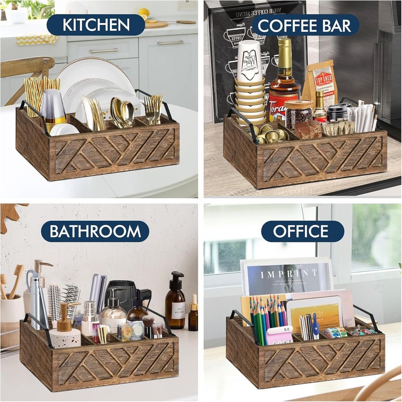 Ukonvi Flatware Organizers Paper Plate Dispenser with Handles, Paper Plate Holder for Kitchen Counter, Wood Rustic Silverware Utensil Caddy, Brown - Image 5